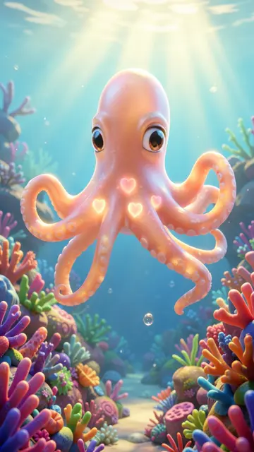 The same octopus scene painted in the 3d-cartoon style