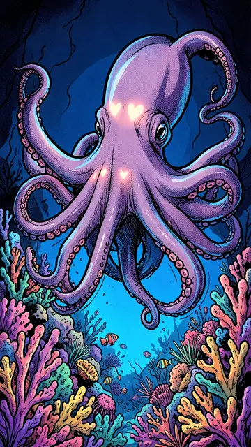 The same octopus scene painted in the comic style