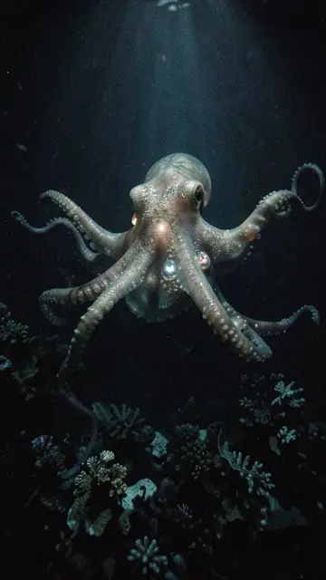 The same octopus scene painted in the dark-documentary style