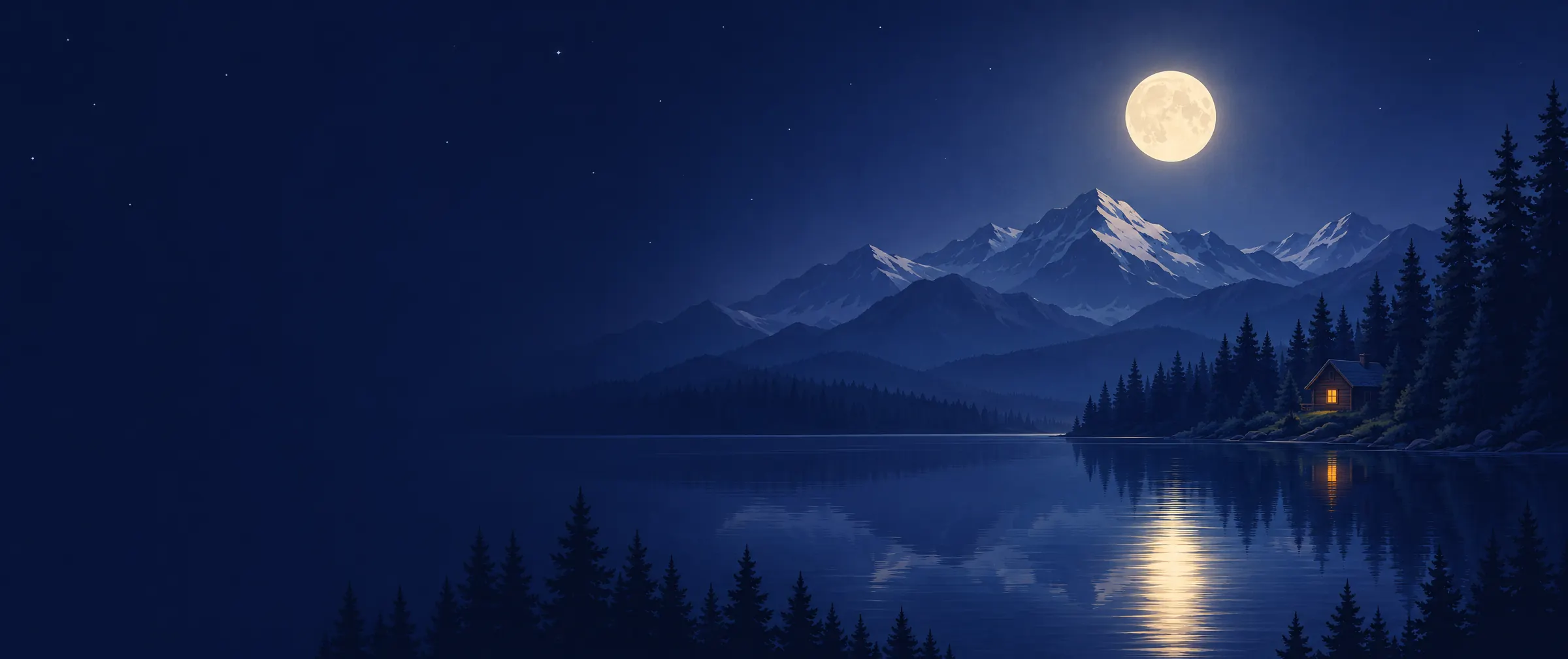 Moonlit lake with a lit cabin under the mountains