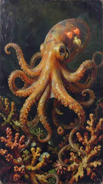The same octopus scene painted in the oil-painting style