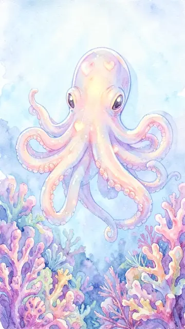 The same octopus scene painted in the watercolor style